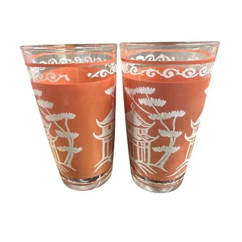 Hazel Atlas Dyball Coral Pagoda Glass Tumblers Set of 2